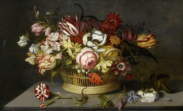 Bosschaert Ambrosius Flores en una canasta con un clavel, una rosa y un lagarto sobre una mesa Pinturas al óleo